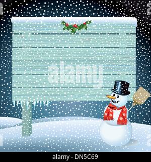 Schneemann mit Holzschild Stock Vektor