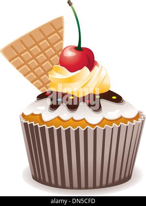 Vektor-Cupcake mit Kirsche und Waffel Stock Vektor