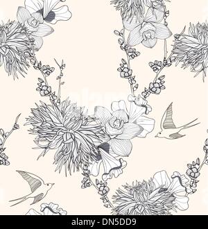 Nahtlose Blumenmuster nahtlose Muster mit Blumen und Vögel. Stock Vektor