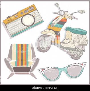 Retro-Elemente festlegen. Sessel, Scooter, Kamera und Sonnenbrillen Stock Vektor