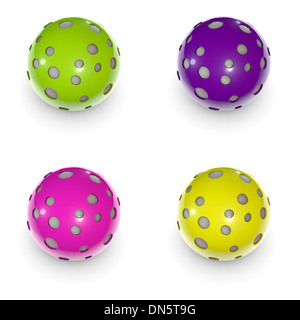 4 Techno-Kugeln auf einem weißen Boden grün lila gelb und pink Stockfoto