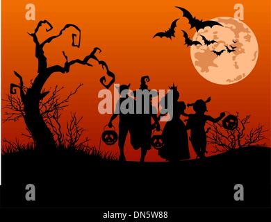 Halloween-Hintergrund mit Silhouetten von Trick oder Behandlung von Kindern Stock Vektor