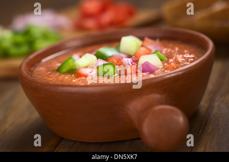 Traditionelle spanische kalte Gemüsesuppe gemacht von Tomaten, Gurken, Paprika, Zwiebel, Knoblauch und Olivenöl Stockfoto