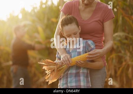 Kaukasische Mutter und Tochter Prüfung Maiskolben Stockfoto