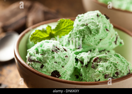 Bio Green Mint Chocolate Chip Eis mit einem Löffel Stockfoto