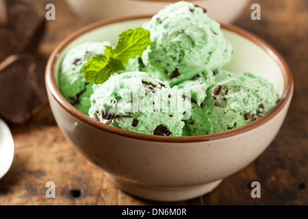 Bio Green Mint Chocolate Chip Eis mit einem Löffel Stockfoto