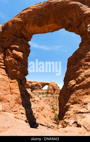 Turm-Bogen mit dem Süden Fensterbogen in die Ferne, The Windows Abschnitt Arches-Nationalpark, Utah, USA Stockfoto