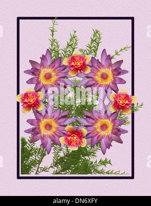 Einzigartige digitale Blumenkunst Design mit Collage aus lila Seerosen, rote & gelbe Blumen und Laub auf blassen lila / rosa Hintergrund Stockfoto