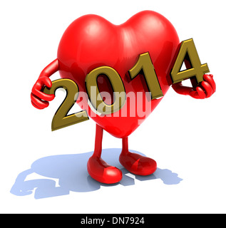 großes rotes Herz mit Armen, Beinen und die Inschrift 2014 in 3D Stockfoto