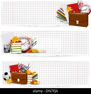 Zurück zur Schule. Zwei Banner mit Schulmaterial. Vektor. Stock Vektor