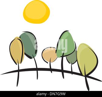 Vektor-Bäume auf Hügel am sonnigen Frühlings- oder Sommertag - Abbildung Landschaft grüner Hain und gelbe Sonne isoliert auf weiss Stock Vektor