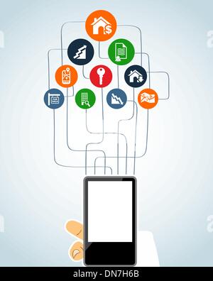 Immobilien Symbole menschlicher Hand hält eine Smartphone. Stock Vektor