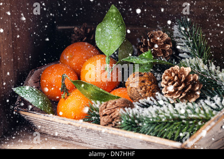 Mandarinen mit Blättern und Tanne Zweig auf hölzernen Hintergrund Stockfoto