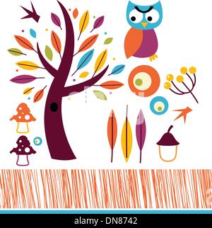 Süß Herbst Eulen und Design-Elemente isoliert auf weiss Stock Vektor