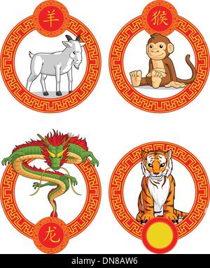 Chinesisches Sternzeichen Tier - Drachen, Ziege, Affe & Tiger Stock Vektor