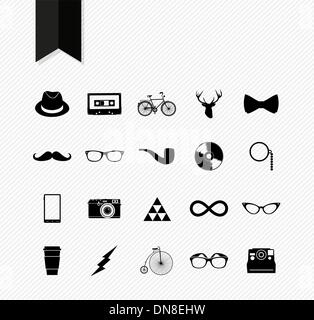 Schwarz isoliert Vintage Hipster-Icon-Set. Stock Vektor