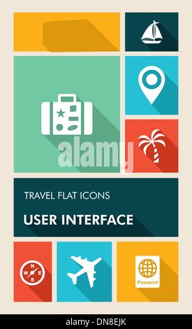 Bunte Reisen UI apps Benutzer Schnittstelle flach Symbole. Stock Vektor