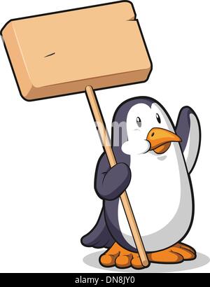 Pinguin mit einem hölzernen Schild Stock Vektor