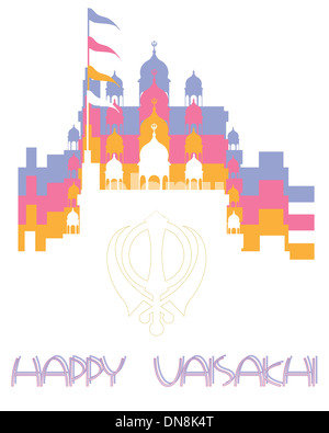 ein Beispiel für eine glückliche Vaisakhi Grußkarte mit bunten Gurdwara Design auf einem weißen Hintergrund mit Platz für text Stockfoto