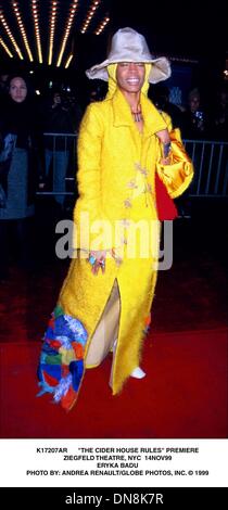 14. November 1999 - PREMIERE K17207AR '' THE CIDER HOUSE RULES''. ZIEGFELD THEATRE, NEW YORK CITY 14. NOVEMBER 99. ERYKA BADU. ANDREA RENAULT / 1999 (Kredit-Bild: © Globe Photos/ZUMAPRESS.com) Stockfoto