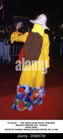 14. November 1999 - PREMIERE K17207AR '' THE CIDER HOUSE RULES''. ZIEGFELD THEATRE, NEW YORK CITY 14. NOVEMBER 99. ERYKA BADU. ANDREA RENAULT / 1999 (Kredit-Bild: © Globe Photos/ZUMAPRESS.com) Stockfoto