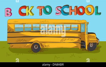 Zurück zu Schule Text bunten Schulbus Cartoon. Stock Vektor