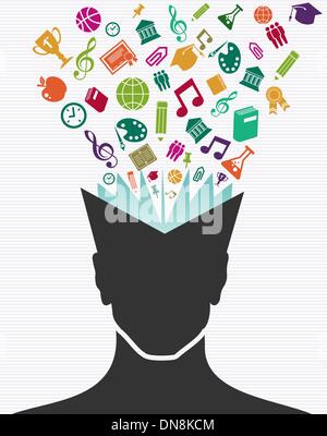 Bildung bunte Icons menschlichen Kopf Buch. Stock Vektor