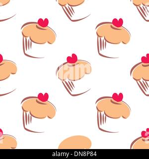 Nahtlose Vektormuster oder Textur mit großen süßen Muffins, Muffin Kuchen mit roten Herz auf weißem Hintergrund. Stock Vektor