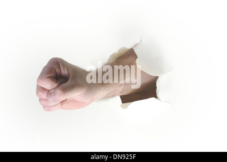 Hand, Durchstanzen Papier auf weißem Hintergrund Stockfoto