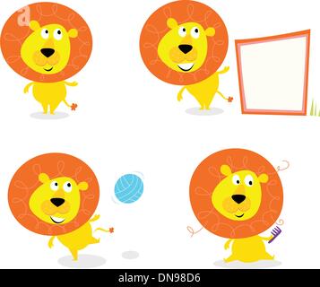 Cartoon safari animals: Jungle lion in four poses isolate on white Stock Vektor