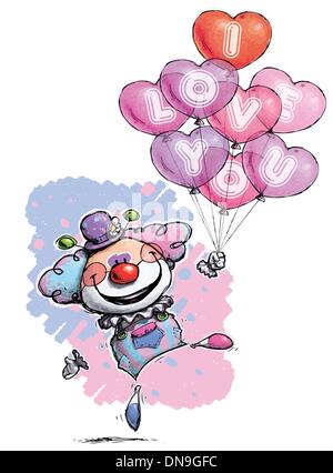 Clown mit Herz-Ballons, die sagen: Ich liebe Sie Stock Vektor