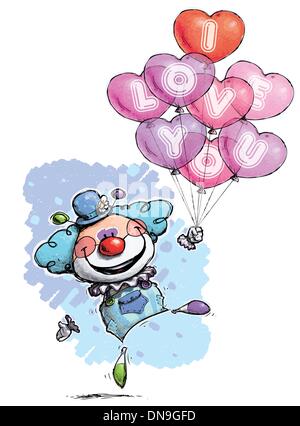 Clown mit Herz-Ballons, die sagen: Ich liebe dich - junge Farben Stock Vektor