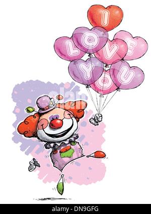 Clown mit Herz-Ballons, die sagen: Ich liebe Sie Stock Vektor