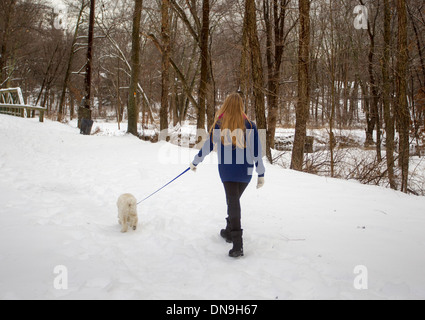 Teenager-Mädchen Spaziergang mit ihrem Hund an einem Wintertag Stockfoto