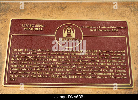 Lim Bo Seng Memorial Plaque. Esplanade Park. Singapur. Stockfoto