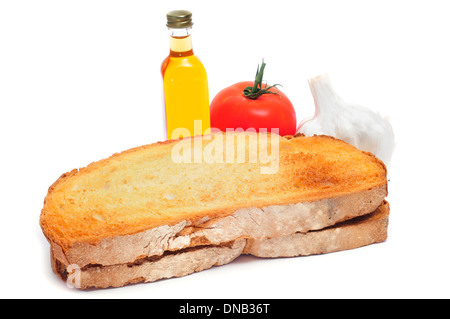 geröstetes Brot, Tomaten, Knoblauch und Olivenöl zu Pa Amb Tomaquet, Brot mit Tomate, typisch für Katalonien, Spanien Stockfoto