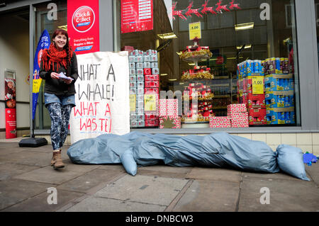 Nottingham, UK. 21. Dezember 2013. Was ein Wal Demonstranten außerhalb Tesco express Shop Nottingham Stadtzentrum entfernt. Ein Pottwal starb nach 59 verschiedene Arten von Kunststoff in Höhe von 17kg Müll schlucken. Die meisten davon war Kunststofffolien verwendet von den Lieferanten der Supermärkte wie Carrefour, Tesco und Aldi Tomaten wachsen. Bildnachweis: Ian Francis/Alamy Live-Nachrichten Stockfoto