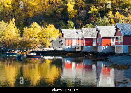 Roten Hütten ein Fjord (Aurlandsfjord) umgeben von Bäumen prangt Herbst Farben in Flåm, Norwegen. Stockfoto