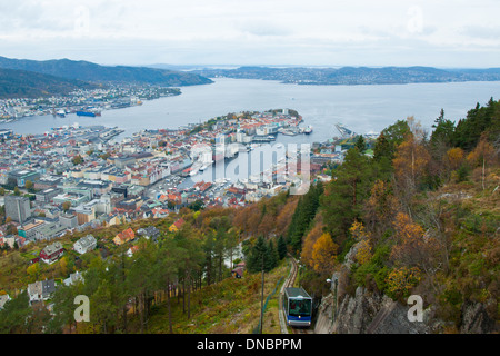 Blick auf Bergen, Norwegen und die Standseilbahn Fløibahn trainieren von der Spitze des Berg Fløyen (Fløyfjellet). Stockfoto