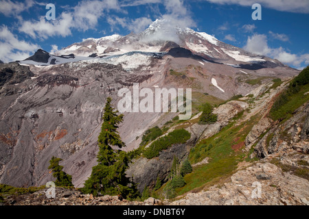 WASHINGTON - Mount Rainier und Tahoma Gletscher von einer Schulter des Pyramid Peak im Mount Rainier National Park. Stockfoto