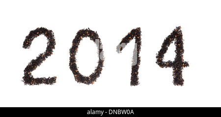 2014-Reihe mit Berrys Teeblätter geschrieben. Stockfoto