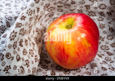 Einen schönen roten und gelben Apfel auf einem geblümten Stoff unter der Sonne Stockfoto