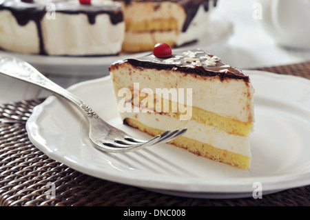 Stück Souffle Kuchen mit Schokoladenglasur auf weißen Teller closeup Stockfoto