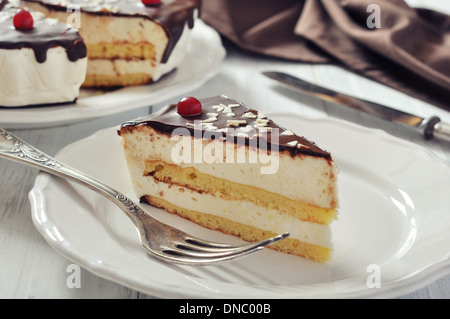 Stück Souffle Kuchen mit Schokoladenglasur auf weißen Teller closeup Stockfoto