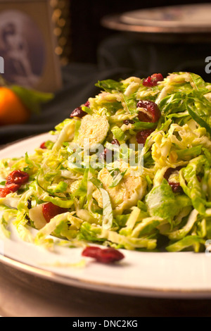 roher Rosenkohl-Salat mit getrockneten Cranberries auf weißen Teller Stockfoto