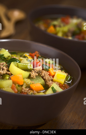Gemüsesuppe mit Hackfleisch, grüne Bohnen, Kartoffeln, Lauch, Karotten, Tomaten und Petersilie in braunen Schalen serviert Stockfoto