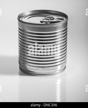 Eine silberne Dose grau unterlegt. Stockfoto