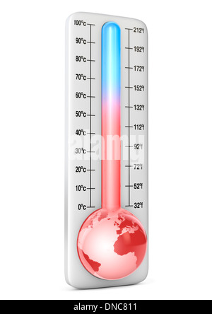 GLOBALE ERWÄRMUNG KLIMAWANDEL KRISENTHERMOMETER ERDE PLANET steigende Temperaturen Carbon Footprint Illustration - Konzept Stockfoto