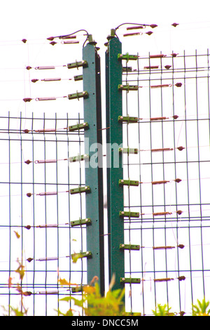 Detail der elektrifizierten Sicherheitszaun auf Begrenzung der Räumlichkeiten Stockfoto