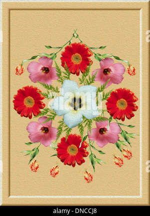 Collage aus Fotos von Blüten mit leuchtend orangefarbenen Gerbera, rosa und weiße Lisianthus und farnartige Laub im dekorativen Design auf cremefarbenen Hintergrund Stockfoto